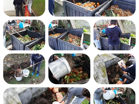 Realização da compostagem pelos alunos do clube Eco-escolas (alunos dos 2.º e 3.º ciclos).