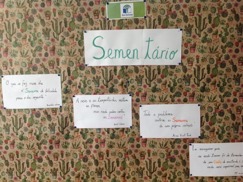 Placard com frases sobre sementes, escolhidas pelos alunos