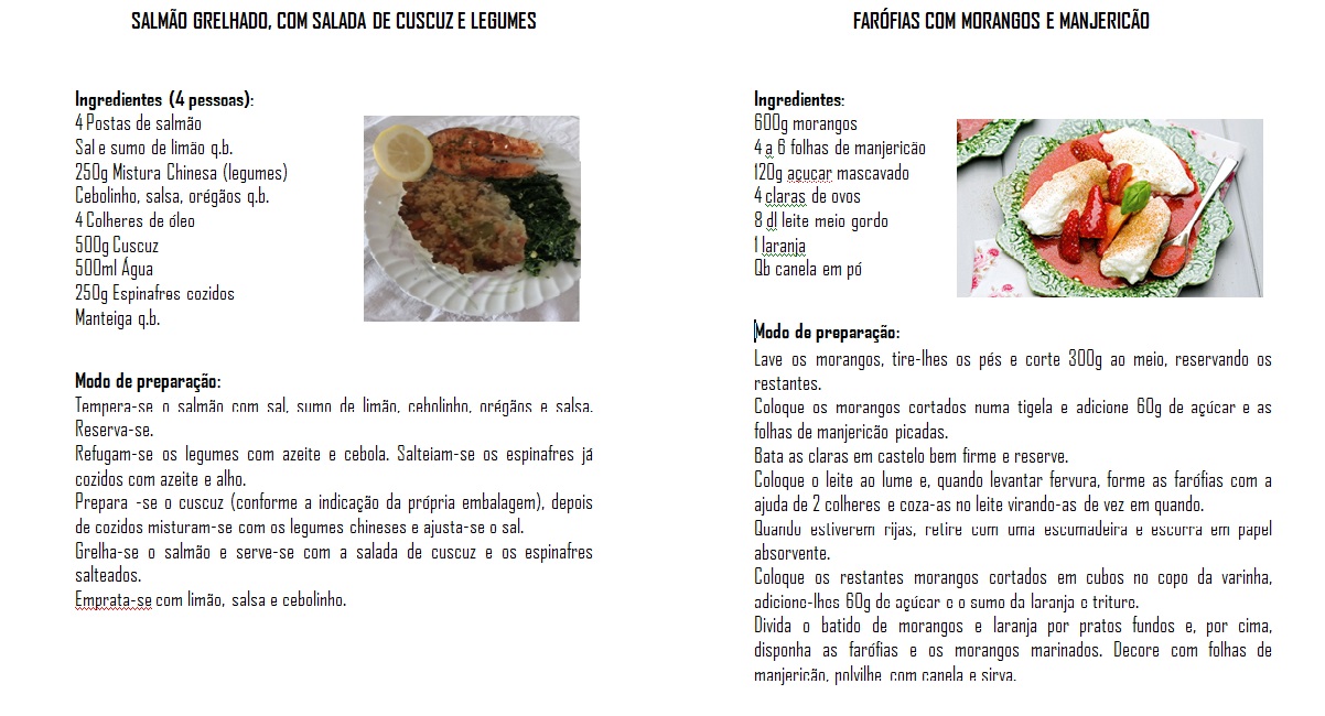 Receita de prato de peixe e sobremesa do livro (elaborado por alunos) "Aromatizar Sabores".