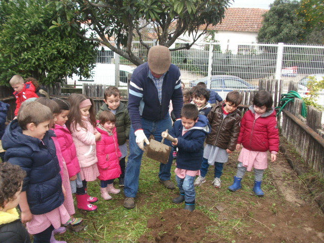 Com a ajuda da enxada as crianças da sala 4 continuaram a fazer a limpeza da horta.