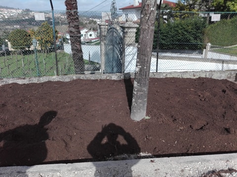 Preparação do terreno. Adição de solo próprio para o cultivo. Colaboração da Junta de Freguesia local.