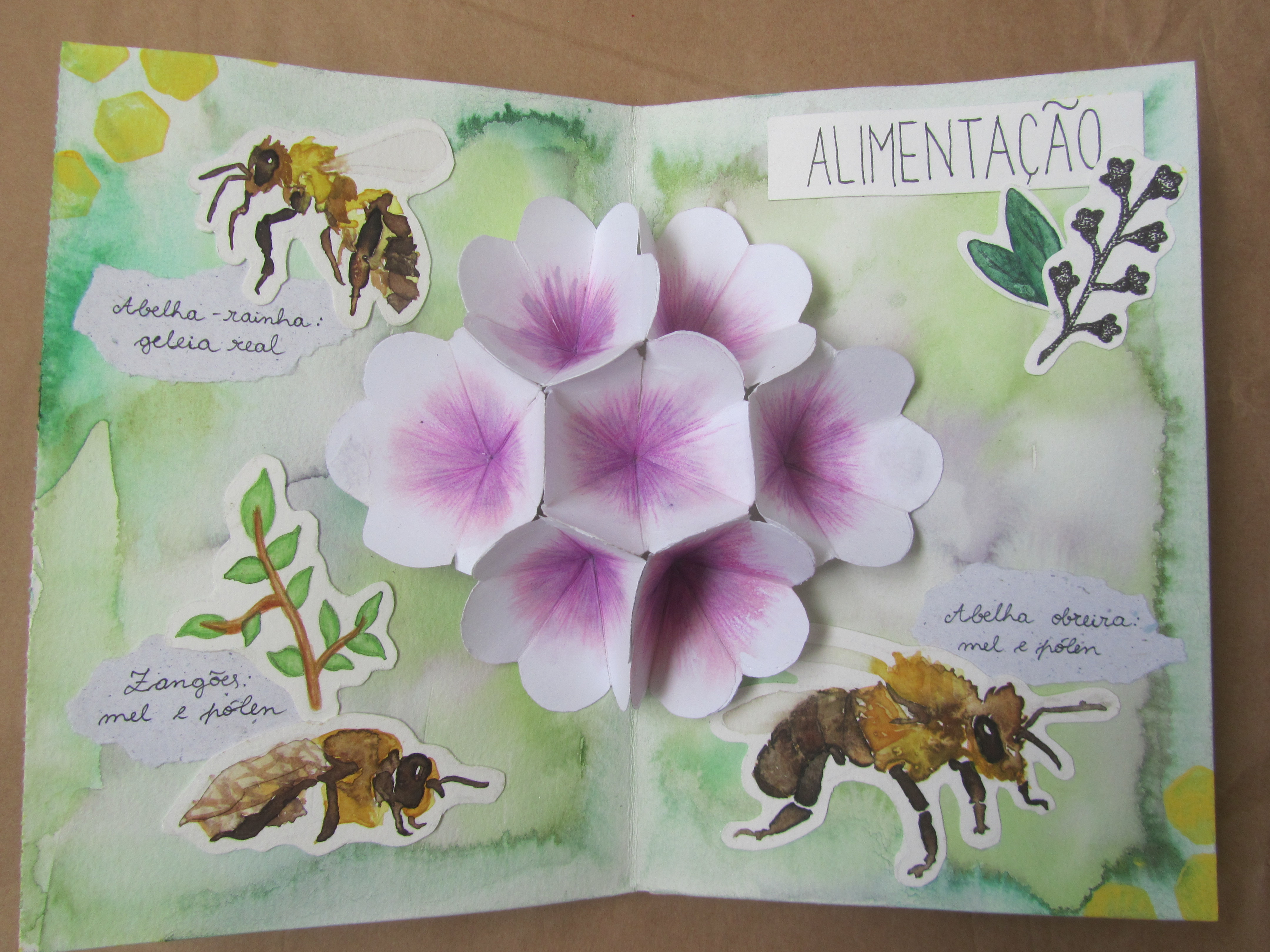 alimentação de: abelha rainha, zangões e abelha obreira (aguarela e lápis de cor; pop up)