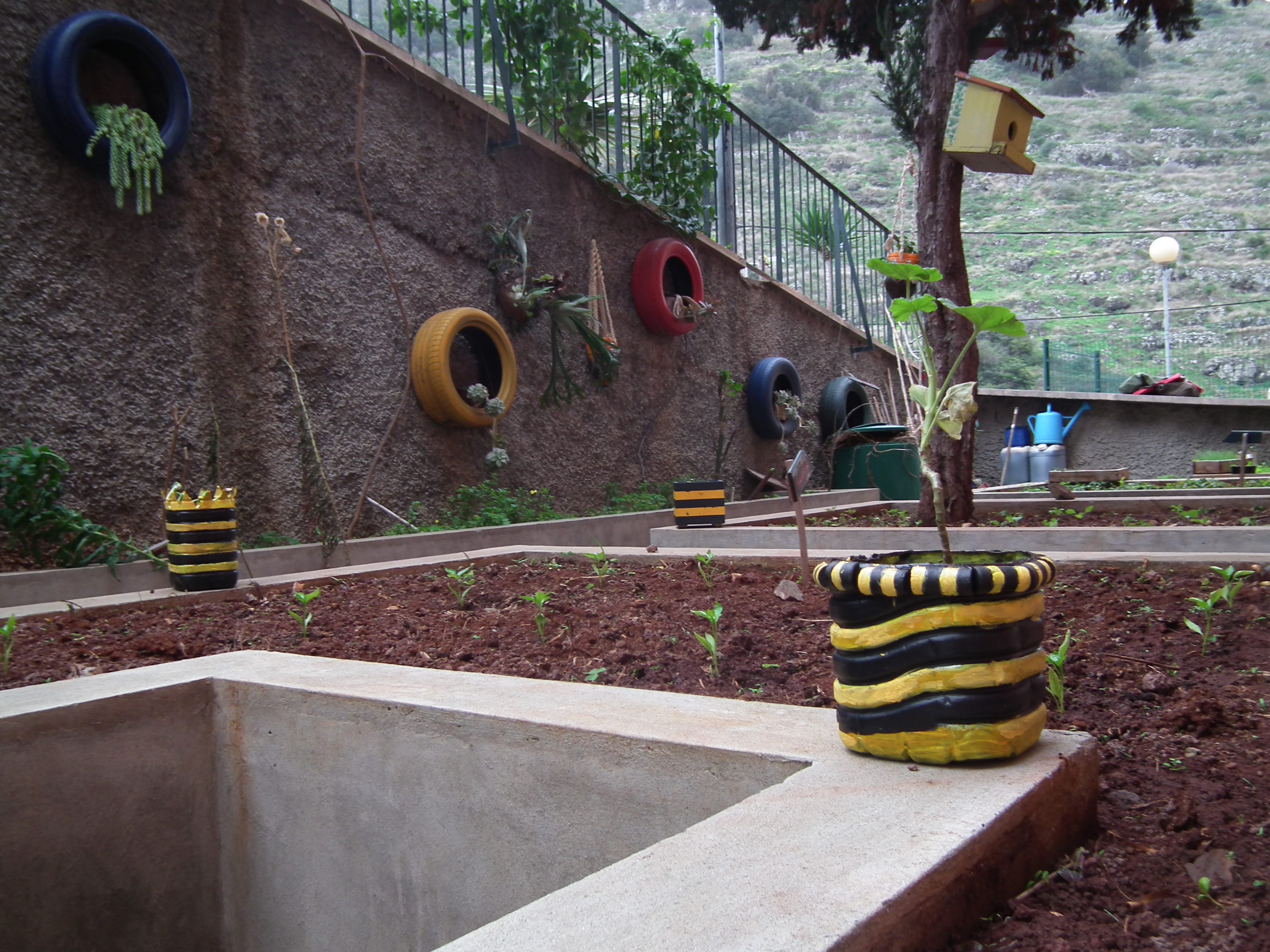 Visualização do canteiro dos pimenteiros e decoração da horta bio, com vasos elaborados pelos alunos, com materiais reutilizáveis, no âmbito do projeto interdisciplinar “A importância das abelhas para o desenvolvimento sustentável”