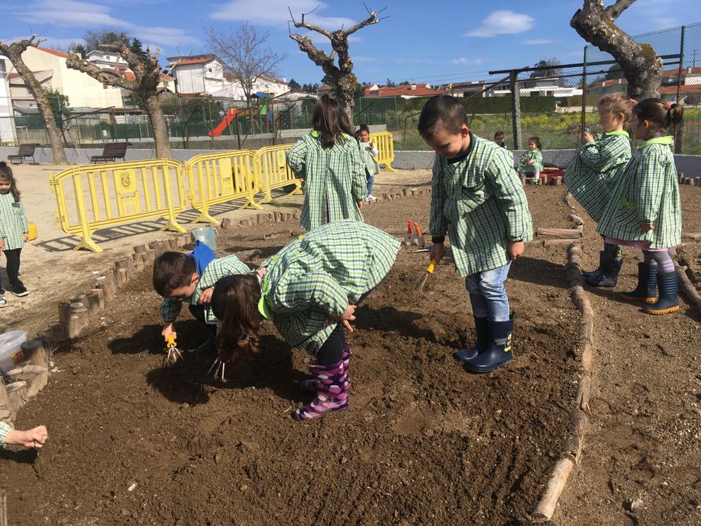 Preparação da terra pelos alunos do pré-escolar.