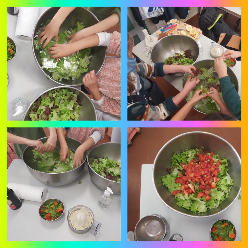 "Da horta para a mesa" Os alunos do 2.ºB, hoje fizeram uma linda saladinha com os produtos da nossa horta. Colheram, lavaram e prepararam uma salada muito colorida com alface verde e roxa, ervilhas, salsa, coentros, morangos, limão e capuchinha.