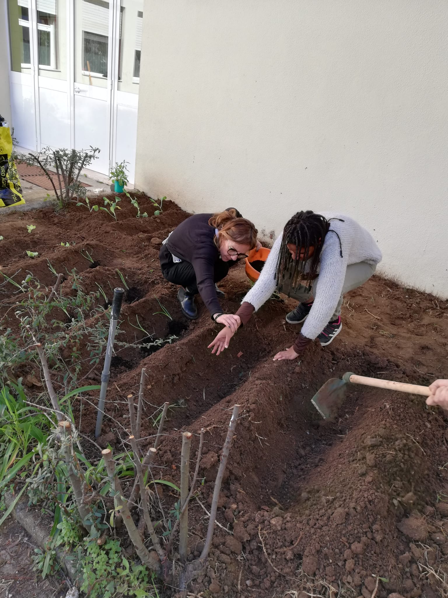Plantação de horta pedagógica por aluna da Unidade.
